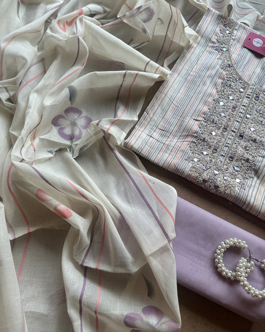 Rainbow stripes cambric cotton suit set with dori mirror neck and handprint dupatta