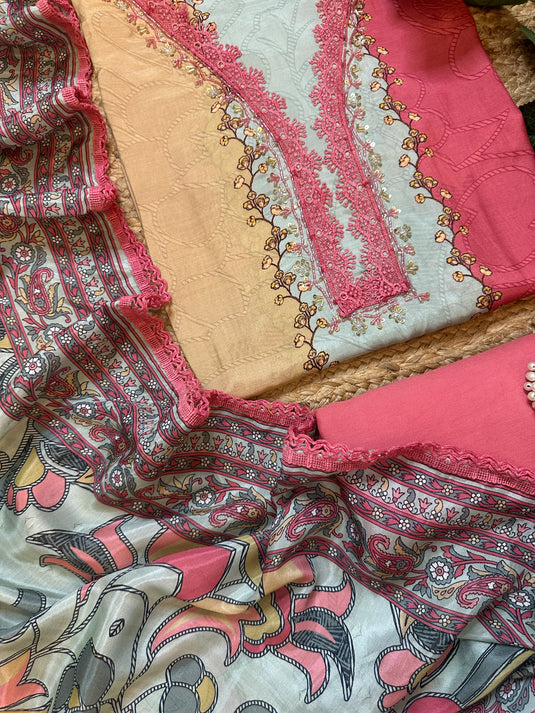 Coloured muslin coral peach Pakistani layers suit set with digital Kantha dupatta