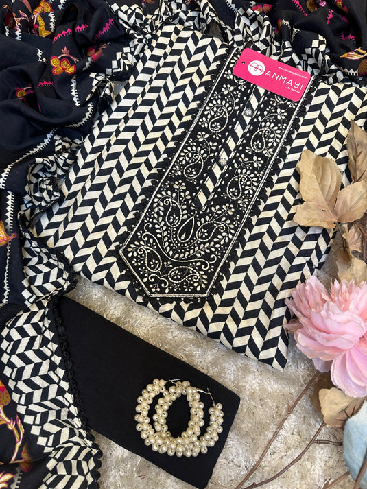 Abstract black and white muslin suit with digital print dupatta