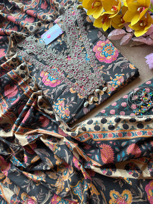Crochet work pure cotton floral suit set with cotton dupattas