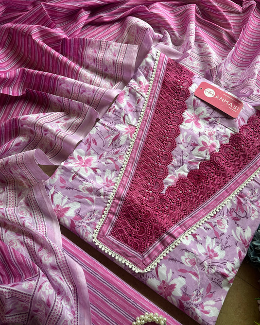 Daylight pastel crochet v neck suit set with cotton dupatta