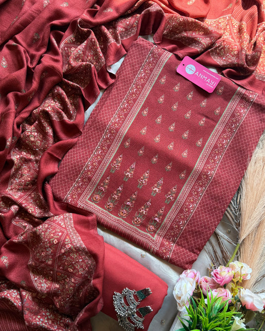 Printed neck highlight soft pashmina suit set