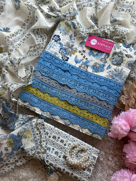 Crochet lace pure cotton cream base floral suit set with tassels