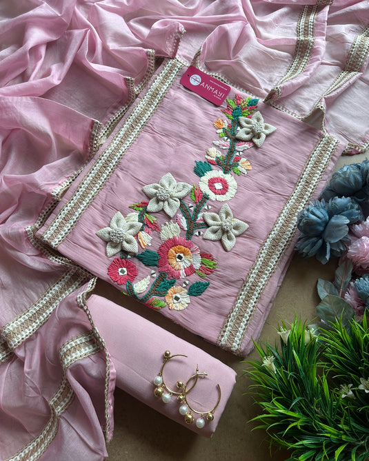 Pastel lace and wool mirror work Mul Chanderi suit set