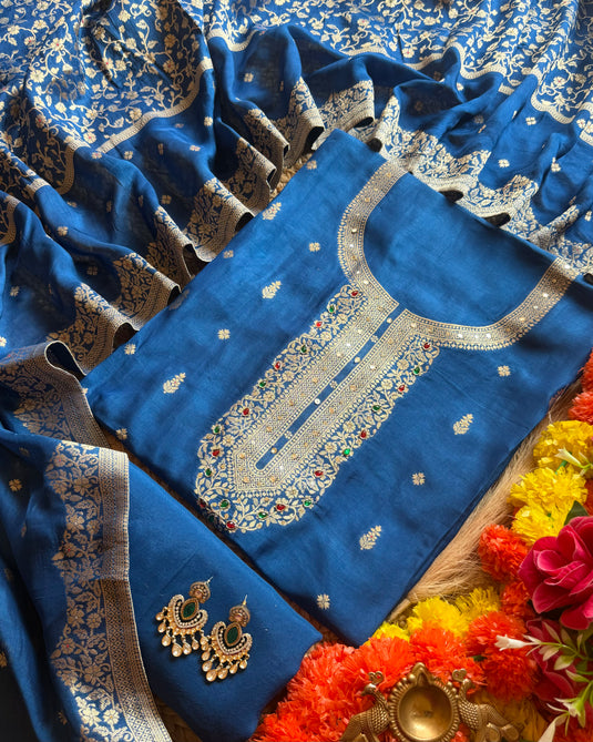 Pure Dolla silk zari work suit with coloured Kundan neck