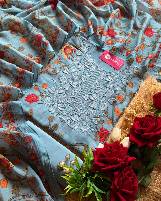 Mul Cotton printed chikankari neck suit set