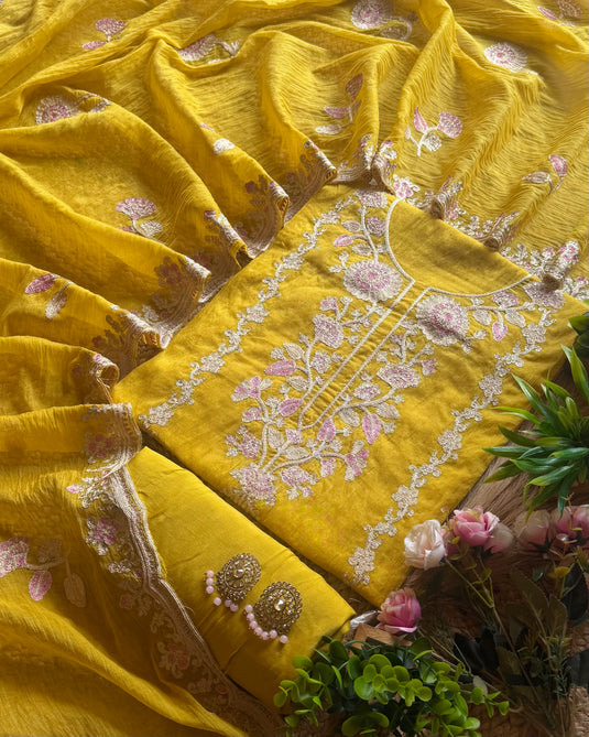 Festive coloured Dori work Mul Chanderi suit set