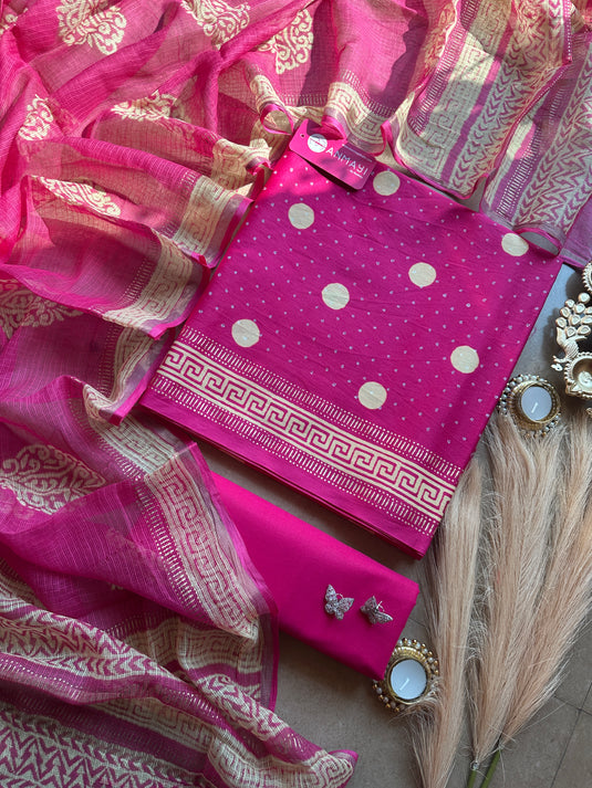 Vegan Cotton polka dots suit set with soft Kota dupatta