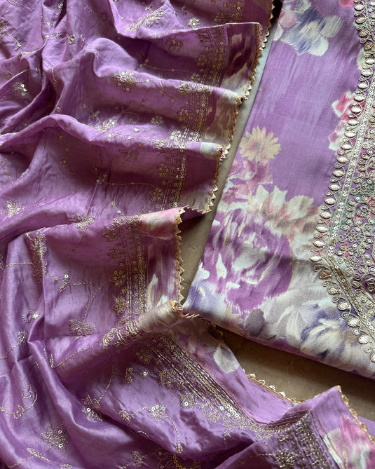 Printed modal floral suit set with golden Dori work