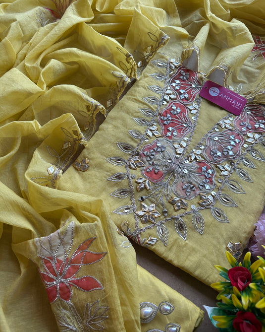 Gotta embroidered neck pure mul chanderi suit set