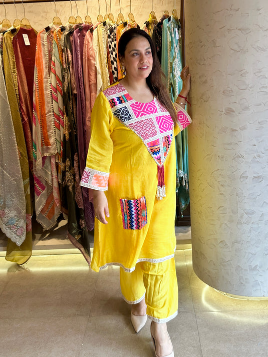 Muslin linen boho tassel neck coord set with farshi salwar