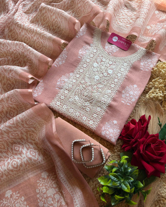 Linen block print square dori neck suit set