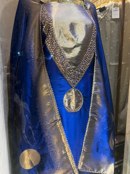 Kanjivaram royal blue elongated V neck suit set