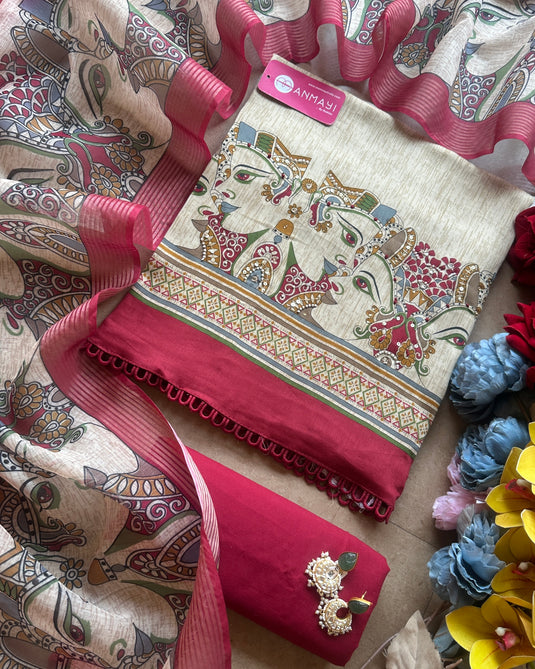 Doll figured red and beige cambric cotton suit set