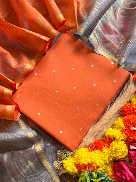 Mul Mul Chanderi zari polka pasting work with shaded gold dupatta
