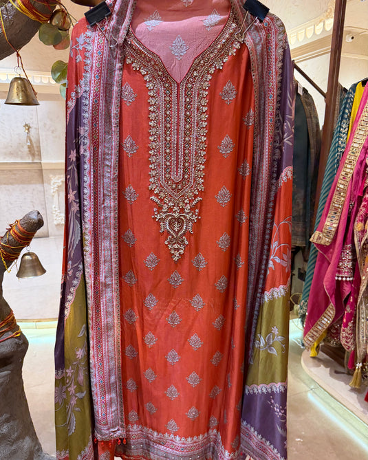Persian print embroidered neck pure crepe suits