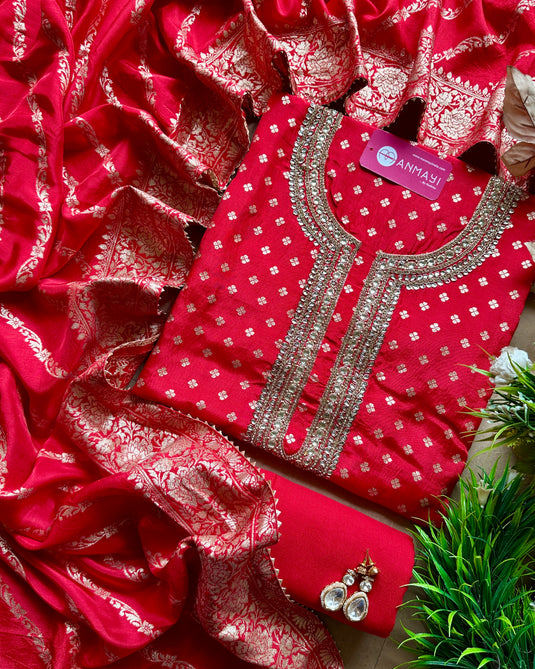 Dolla Silk Banarasi Kundan kurta Patti suit set