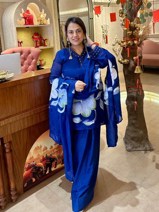 Handpainted organza suit set with farshi salwar