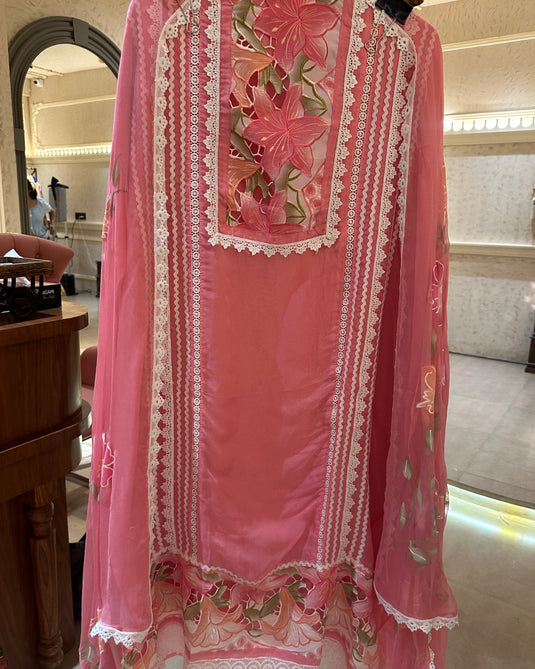 Coloured crochet patch work pure organza suits with handpaint dupatta