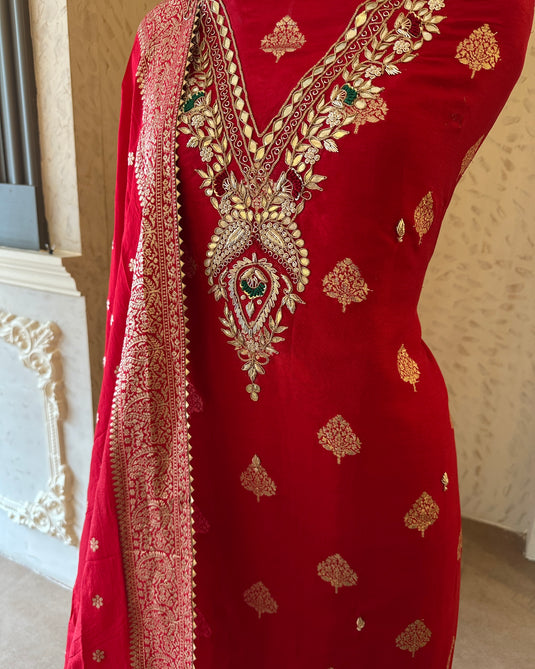 Pita work neck Banarasi dolla silk suit set