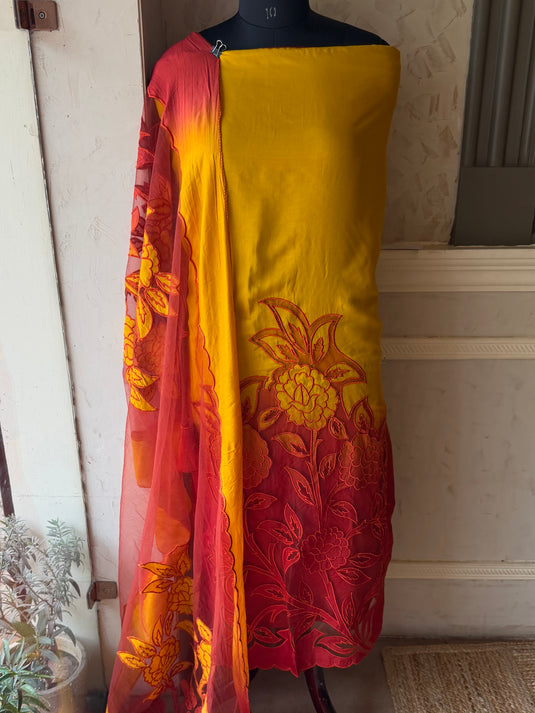 Ombré shade modal suit set with applique net detail