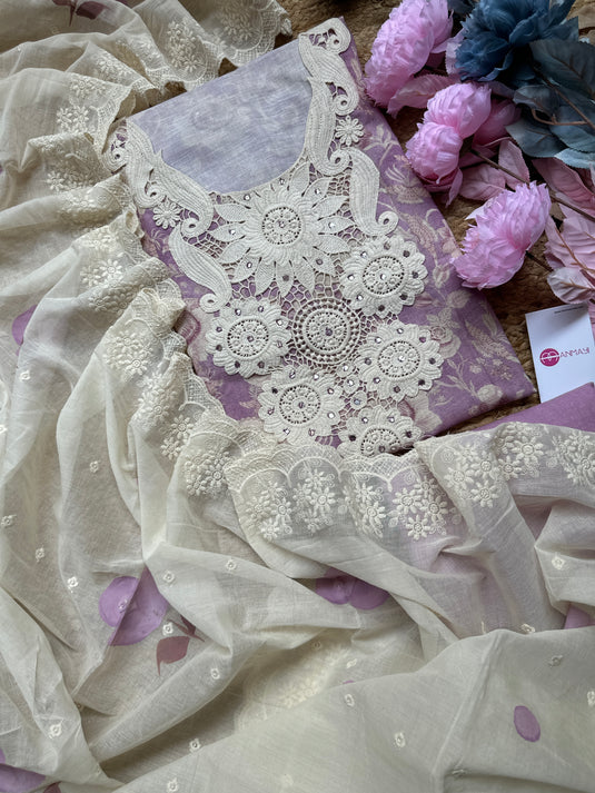 Pakistani Maheshwari Crochet neck suit with handpaint dupatta