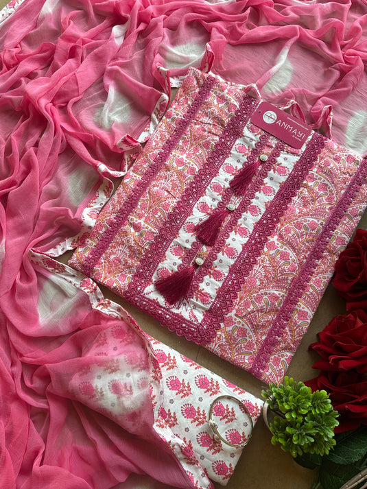 Cambric cotton printed tassel neck print white combination suit set