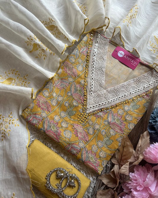 Digital print cambric cotton suit with crochet mirror v neck and embroidered cotton dupatta