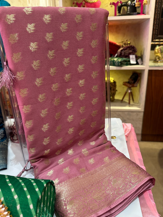 Leafy banarasi chiffon saree with handwoven tassels