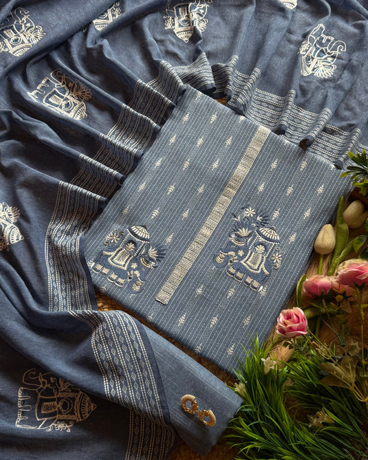 Elephant motif indigo cotton suit set