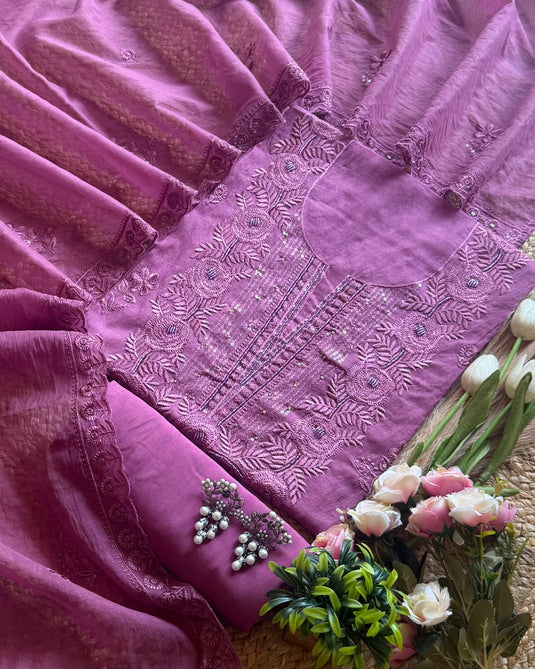 Seaquins Phulwari monochrome work Mul Chanderi suit set