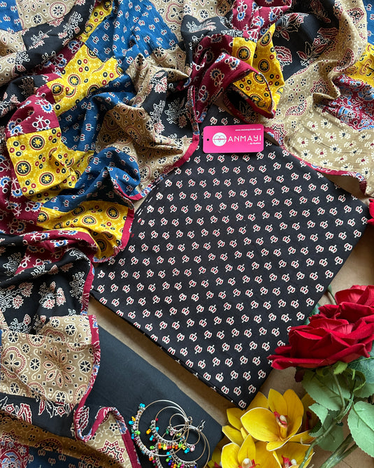 Patched dupatta ajrakh cotton suit set