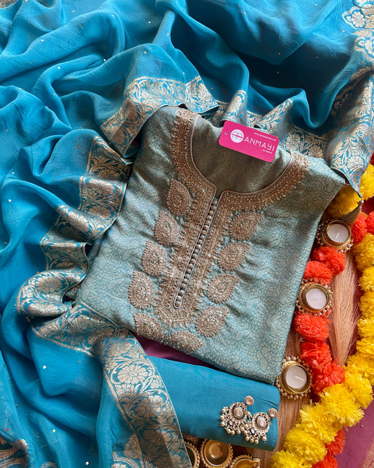 Brocade silk suit set with chinnon Banarasi dupatta