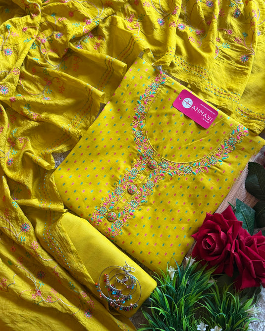 Neon soft handloom cotton suits with embroidered cotton silk dupatta
