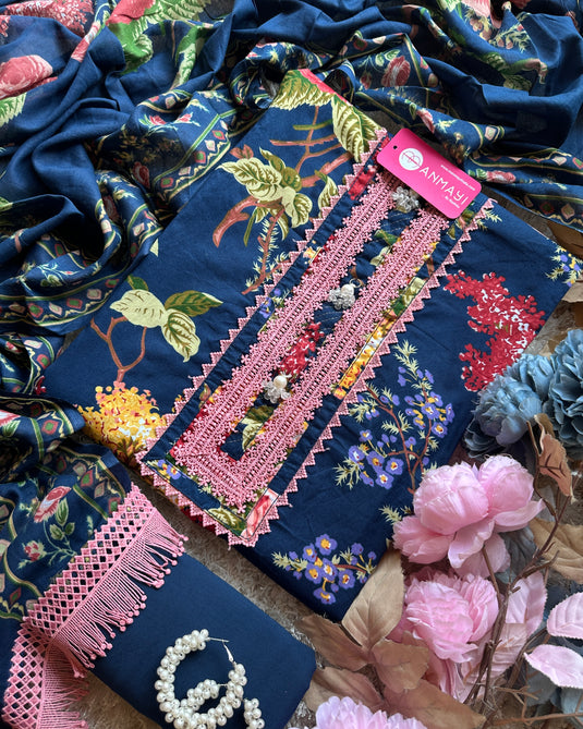 Printed floral flowy cotton suit with fringe laces detail