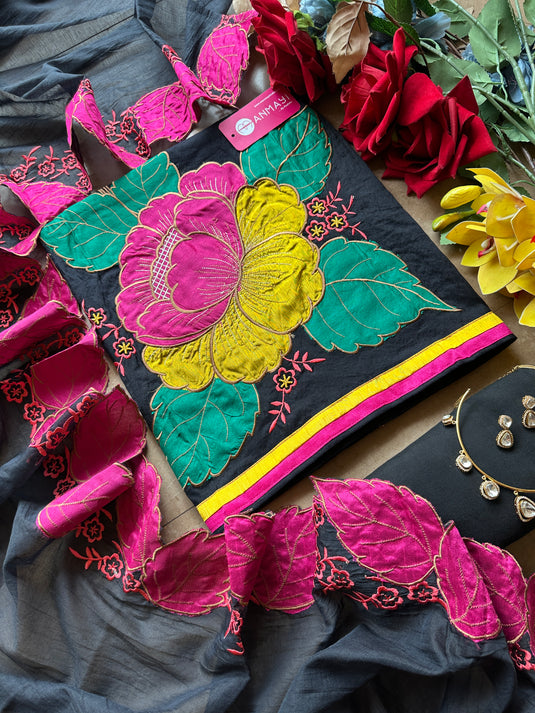 Appliqué work pure mul chanderi suit with cutwork dupatta