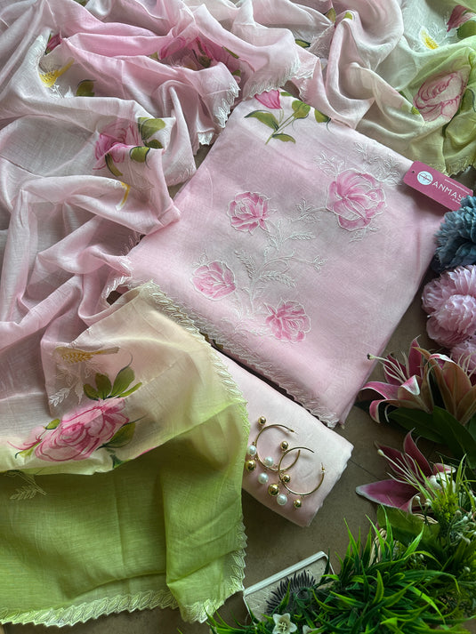 Pure Mul handpaint shaded aari work suit set with ombré dupatta