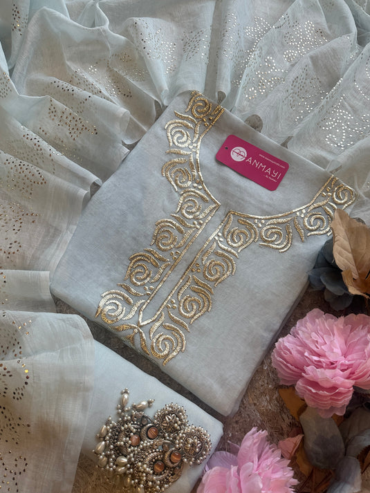 Pita Work mul chanderi pastel suit set by