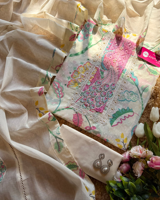 Printed patch work cream suit set with pearl neck