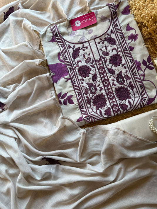 Flamingo cotton embroidered neck suit set