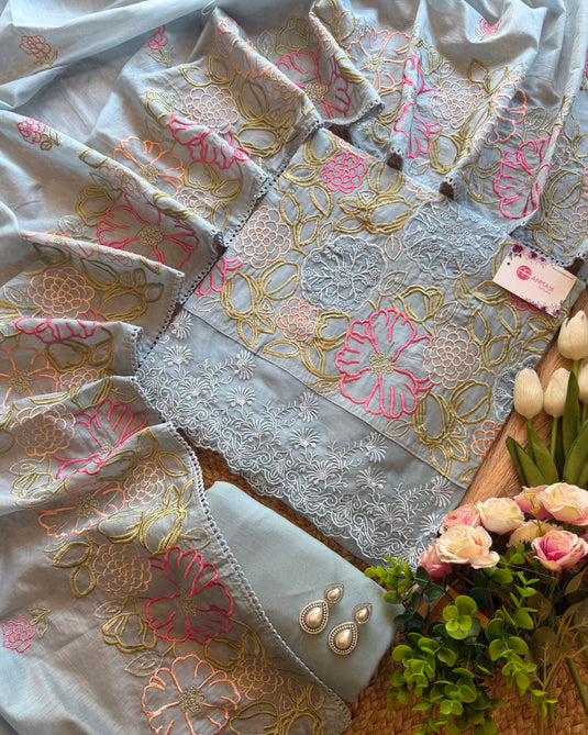 Floral organza applique work mul chanderi suit set