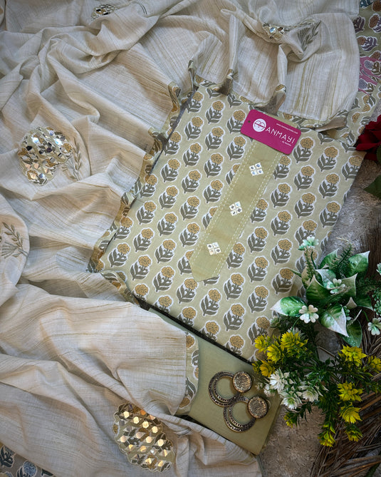 Block print Jaipuri fine cotton suit with paper mirror work