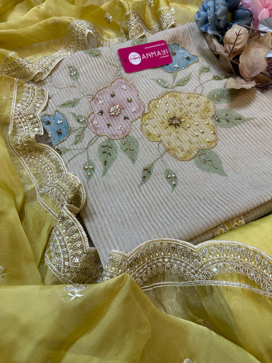 Appliqué work shimmer lines organza suit with embroidered dupatta