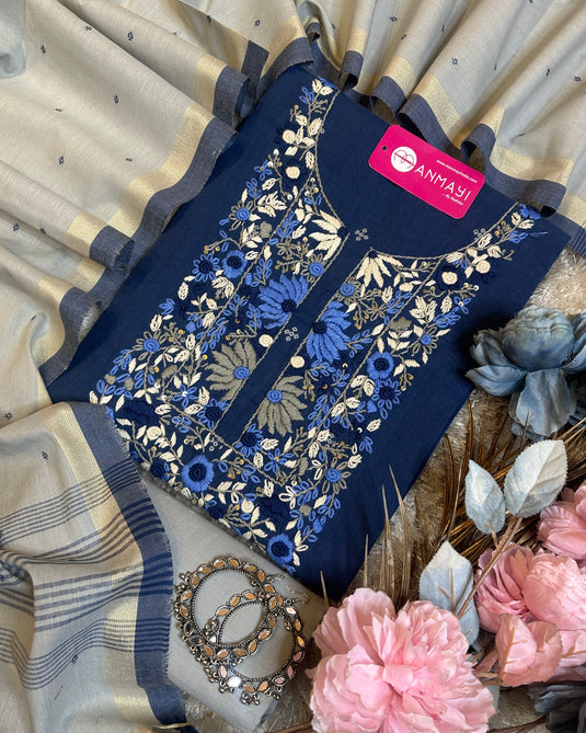 Pure and soft handloom french knot work suit set