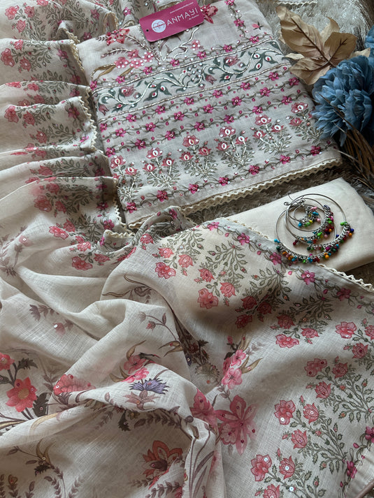 Printed linen Chanderi suits with highlighted thread and mirror details