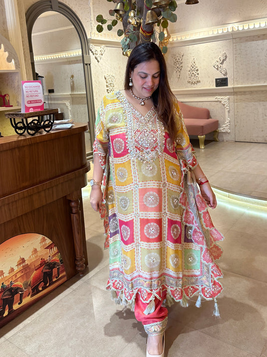 Coloured gharchola gotta work festive kaftan set