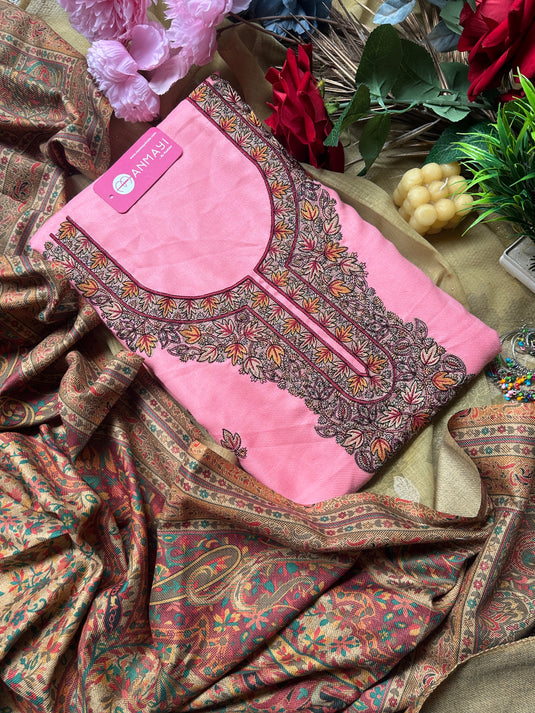 Kashmiri work woollen suits with printed shawls