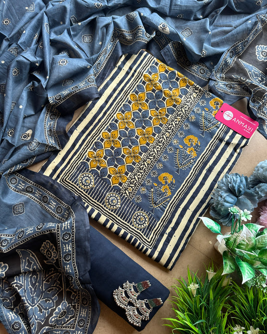 Ajrakh cotton printed neck suit set with cotton dupatta