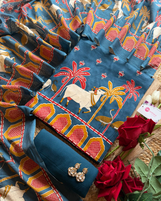 Pichwai village scene jaam cotton suit set