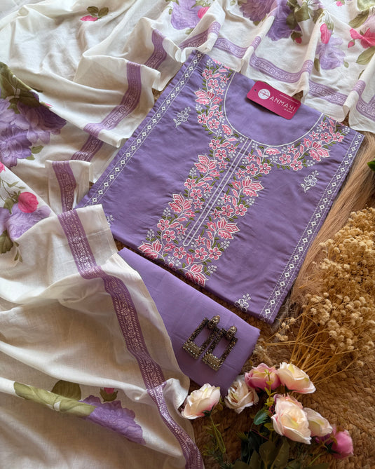 Machine embroidered cotton suit set with floral mul dupatta